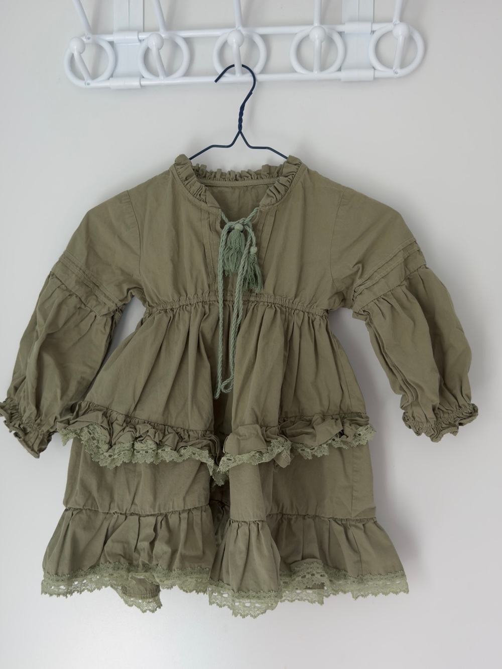 Olive Green Tiered Ruffle Dress with Lace Trim